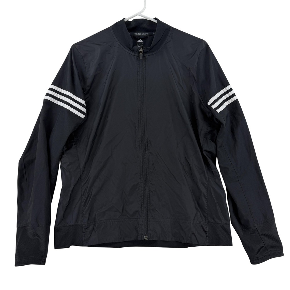 Adidas Running Jacket Womens Large Black 3 Stripe Full Zip Windbreaker Gym